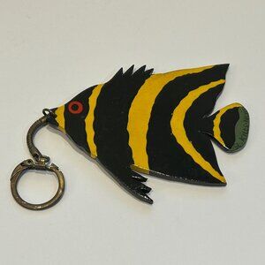 St. Kitts and Nevis Large Angel Fish Handpainted Wooden Key Ring Keychain 1990s